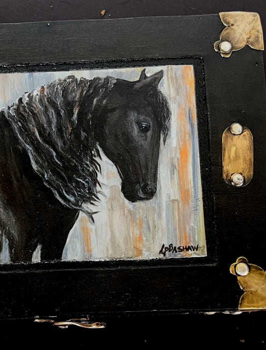 Artisan Horse Keepsake Box | Friesian Stallion “Salvatore” | Hand Painted Wood, Gloss Varnish, Velvet Interior