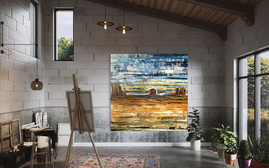 Extra large abstract oil painting of Monument Valley, Arizona. Original impasto style oil painting on gallery canvas with 1-1/4” depth.