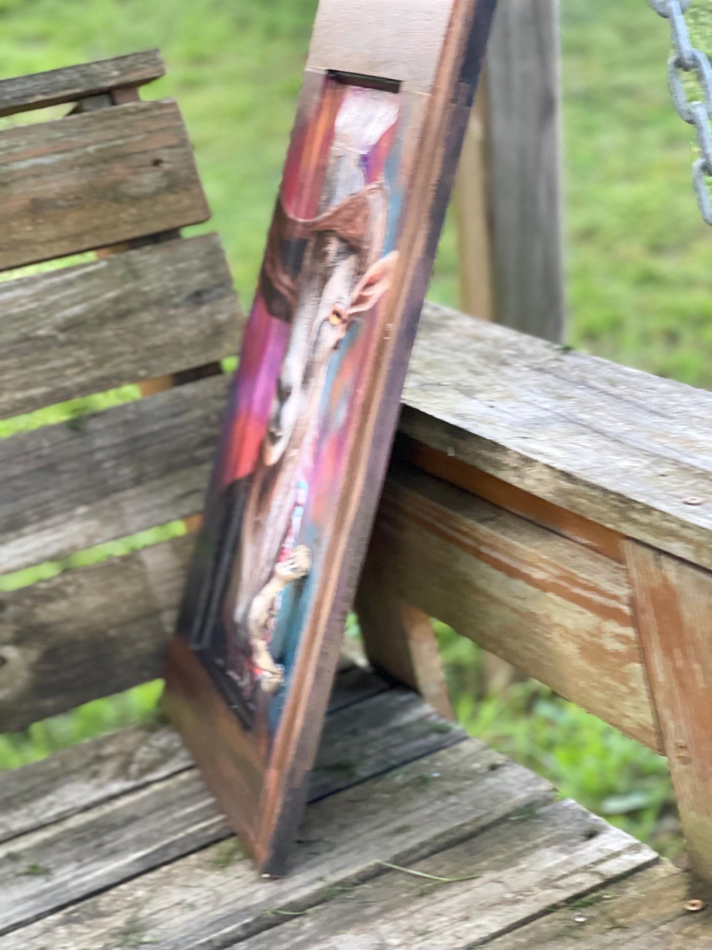 Billy the Ranch hand goat, whimsical decoupage with acrylic hand painted accents on upcycled Cabinet Door, Mixed Media Wall Hanging