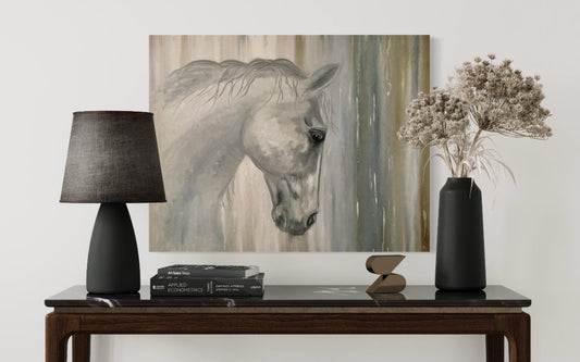 White horse oil painting on canvas with brown and grey abstract background