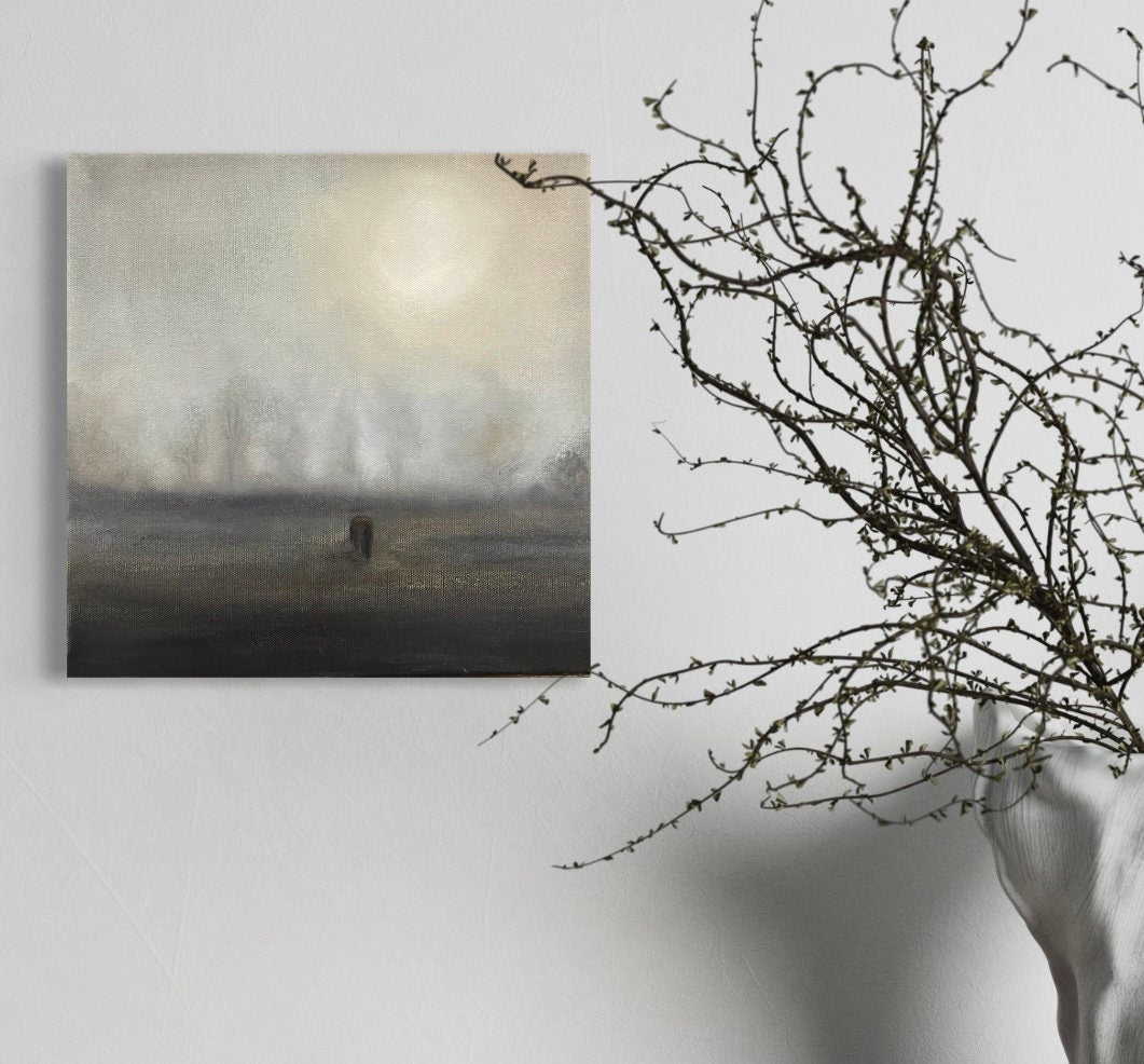 Original Oil Painting of Misty, Moody Pasture with Grazing Horse