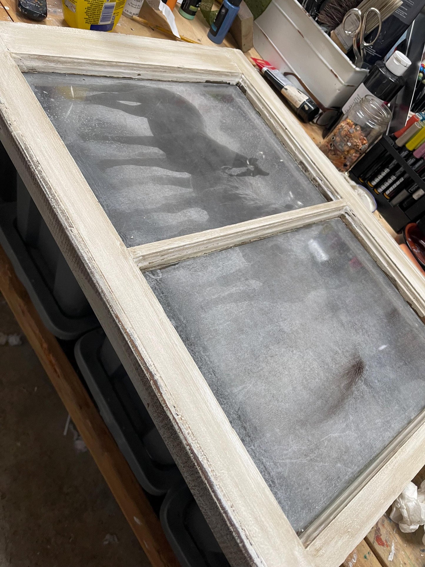 Antique Glass Wood Window Wall Art with Vintage Mirror Effects Vintage Window Panel Repurposed / Recycled Art Displaying Four Horses in Mist