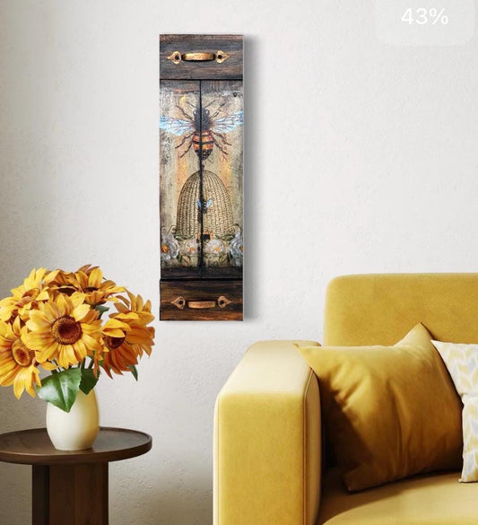 Rustic Honeybee Wall Art | Reclaimed Wood Mixed Media | Handmade Bee Gift | Decoupage & Acrylic Painting | Eco Decor