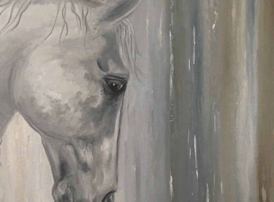 White horse oil painting on canvas with brown and grey abstract background
