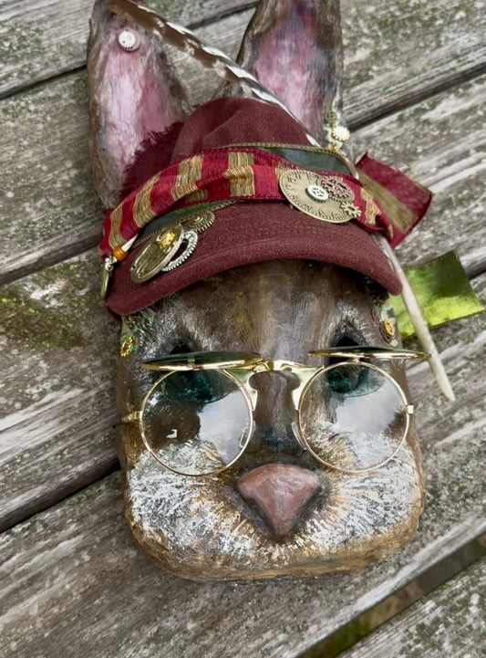 Steampunk Bunny Mask – Handmade Paper Mâché Fine Art Wall Sculpture | Cosplay Costume | Wearable Rabbit Sculpture with Removable Flip Up Glasses & Gear