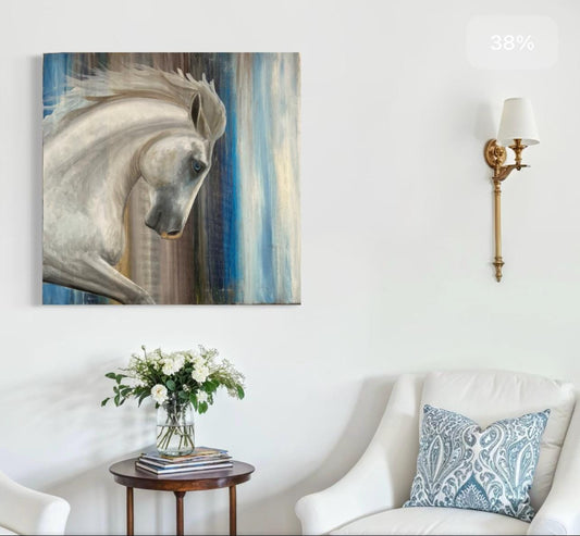 White Horse Art Print, Abstract Equestrian Wall Art, Blue and Beige Horse Painting Print, Modern Western Decor, Horse Lover Gift, Running Ho