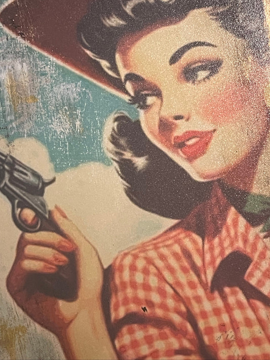 Vintage-style illustration of a cowgirl holding a gun. Distressed texture.