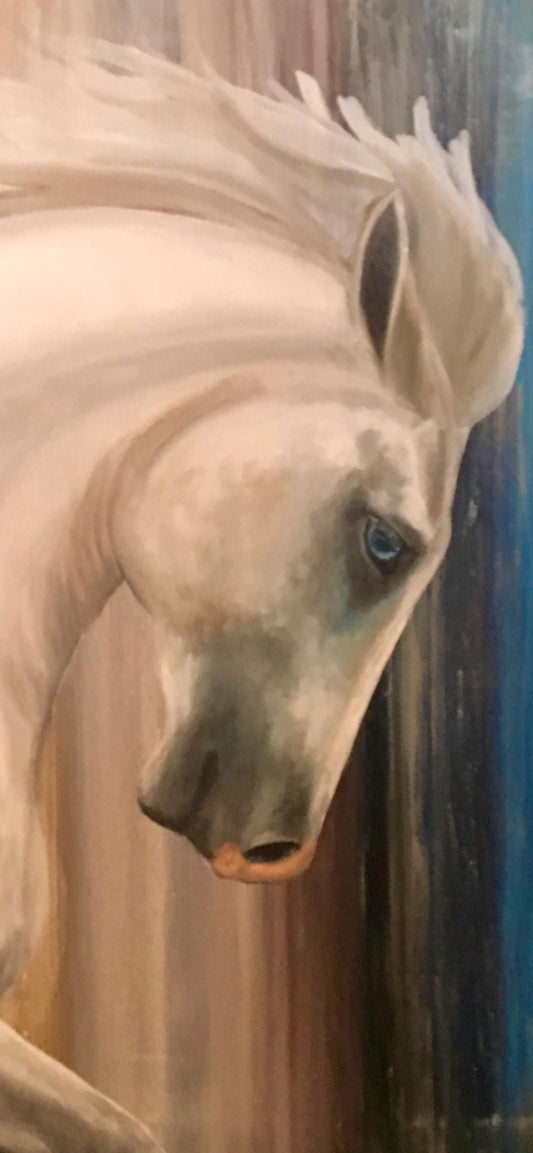 Elegant White Horse Painting on Canvas – Original Equine Art - Large Abstract Realism Horse Portrait, Modern Animal Decor for home or office