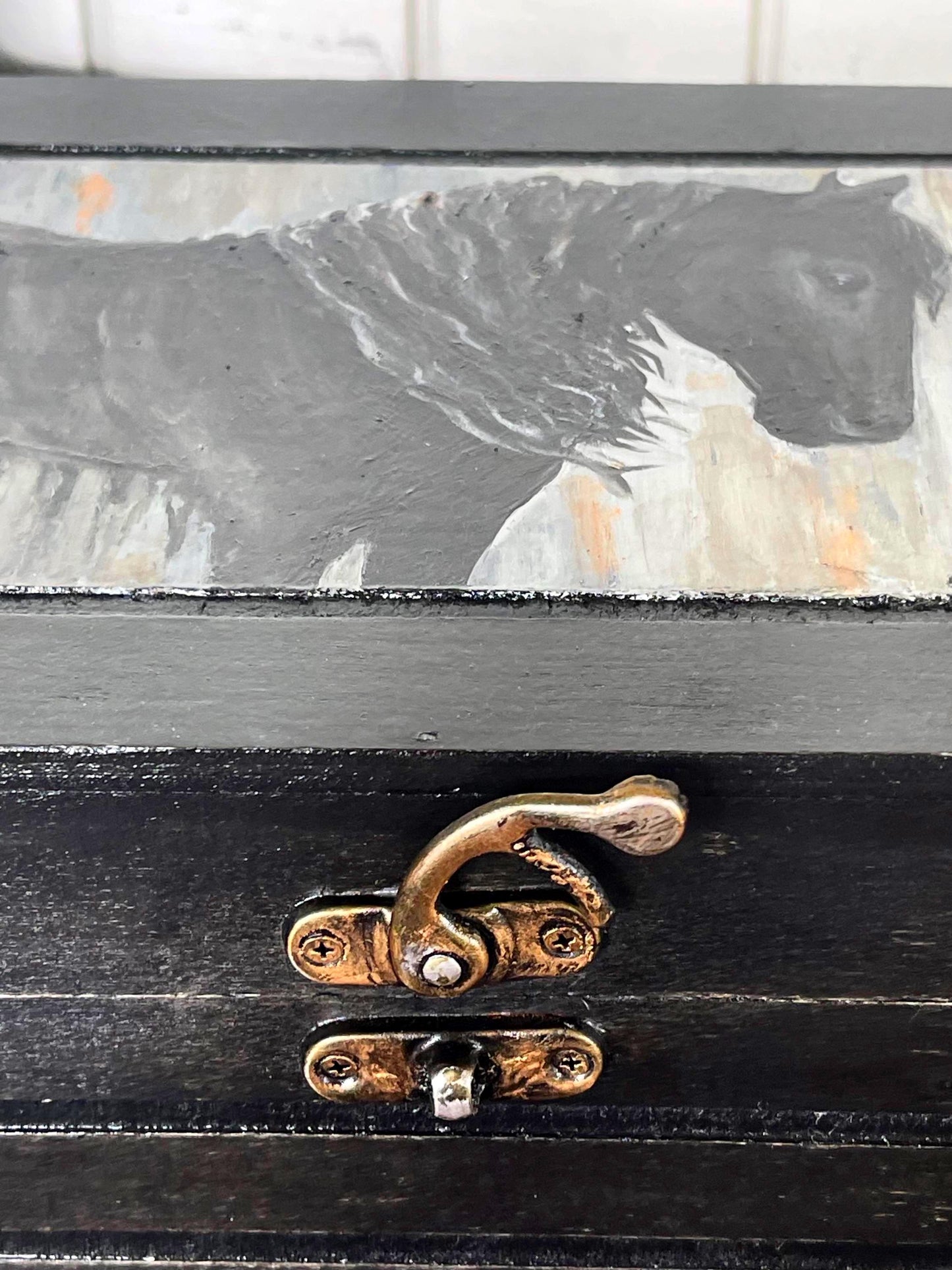 Artisan Horse Keepsake Box | Friesian Stallion “Salvatore” | Hand Painted Wood, Gloss Varnish, Velvet Interior