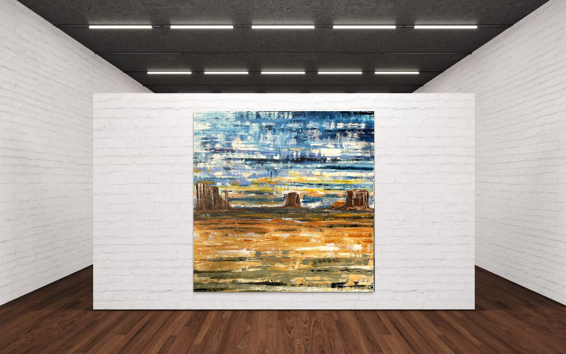 Extra large abstract oil painting of Monument Valley, Arizona. Original impasto style oil painting on gallery canvas with 1-1/4” depth.