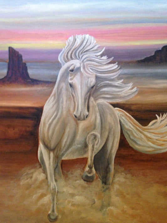 "White Spirit Horse" - Wild horse traveling through Monument Valley – Original Oil on Canvas