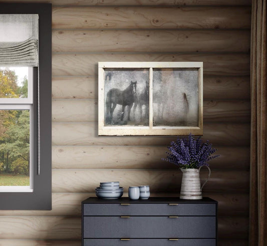 Antique Glass Wood Window Wall Art with Vintage Mirror Effects Vintage Window Panel Repurposed / Recycled Art Displaying Four Horses in Mist