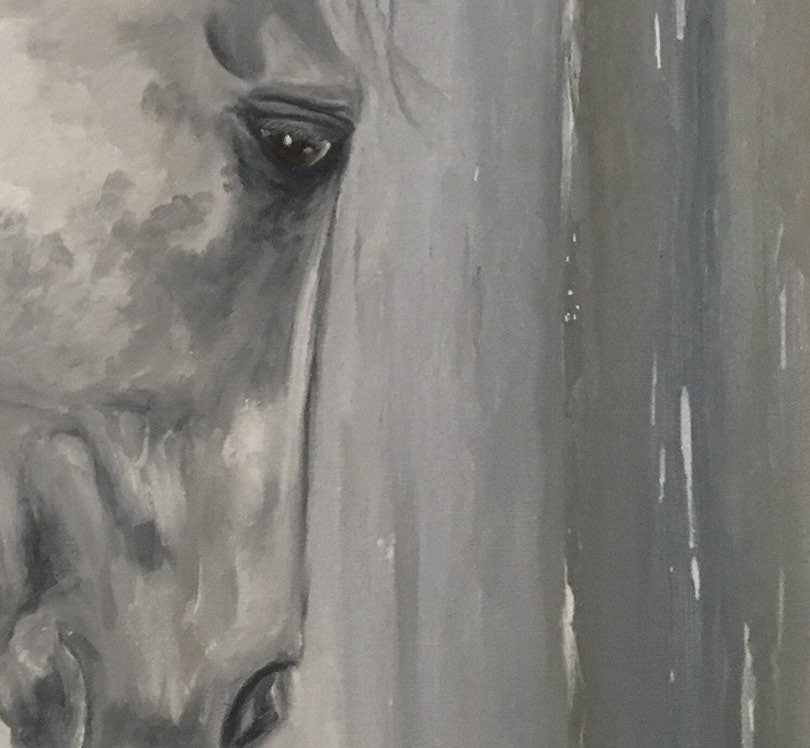 White horse oil painting on canvas with brown and grey abstract background