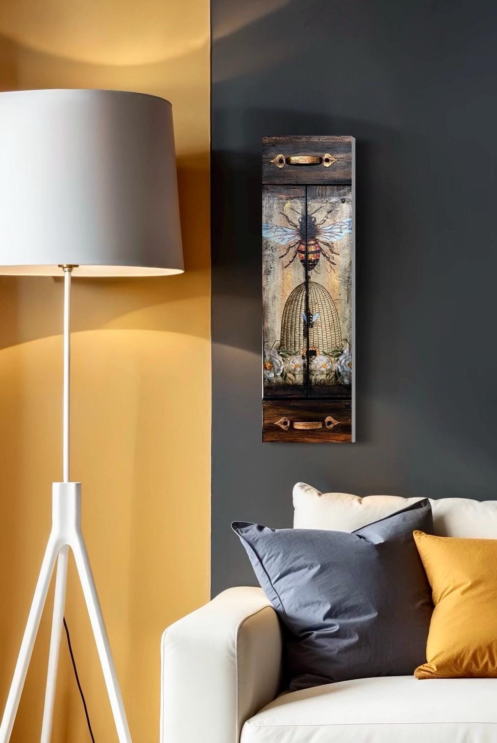 Rustic Honeybee Wall Art | Reclaimed Wood Mixed Media | Handmade Bee Gift | Decoupage & Acrylic Painting | Eco Decor