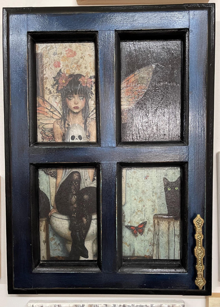 Fairy Goth Girl with Black Cat and Ghost, whimsical decoupage on decoratively painted Antique Cabinet Door, Mixed Media Wall Hanging