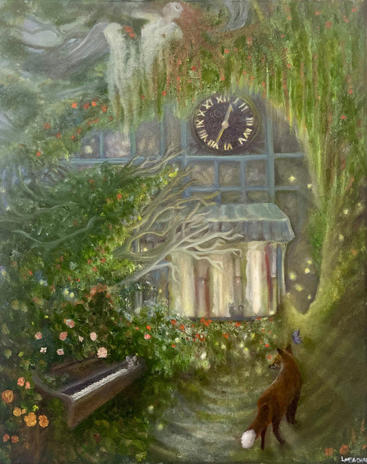 Fantasy garden scene with a clock tower, fox, and butterfly
