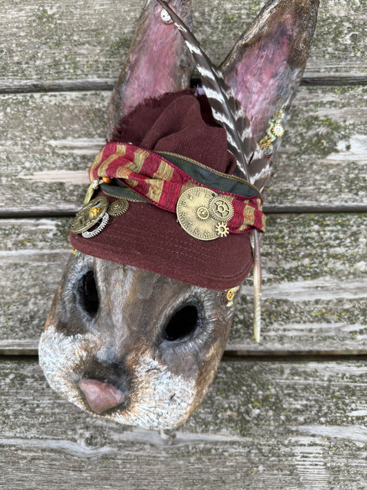 Steampunk Bunny Mask – Handmade Paper Mâché Fine Art Wall Sculpture | Cosplay Costume | Wearable Rabbit Sculpture with Removable Flip Up Glasses & Gear