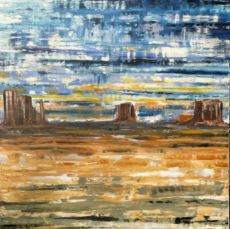 Abstract painting of a desert landscape with rock formations.