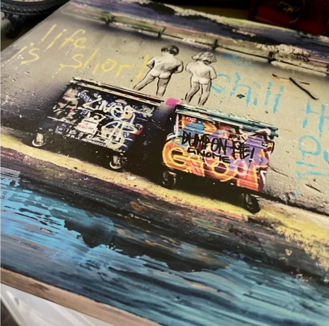 BANKSY image, ink Transfer with acrylic hand painted acrylic accents on Wood Panel. One of a kind, each transfer has subtle differences.