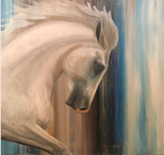 White Horse Art Print, Abstract Equestrian Wall Art, Blue and Beige Horse Painting Print, Modern Western Decor, Horse Lover Gift, Running Ho