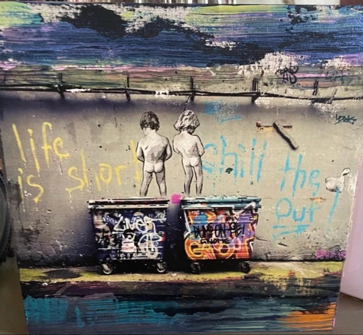 BANKSY image, ink Transfer with acrylic hand painted acrylic accents on Wood Panel. One of a kind, each transfer has subtle differences.
