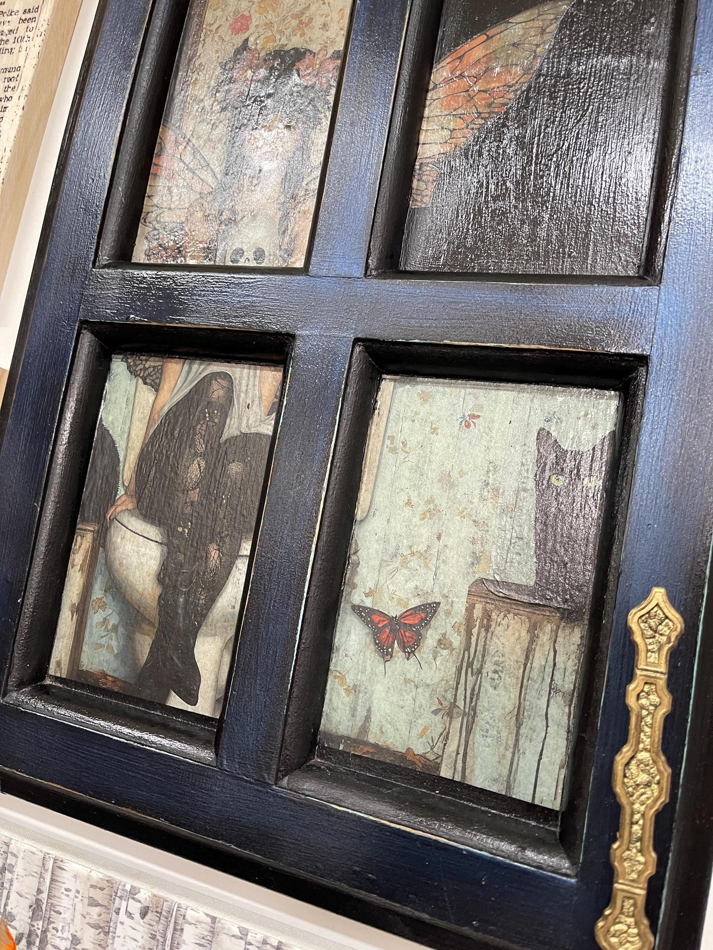 Fairy Goth Girl with Black Cat and Ghost, whimsical decoupage on decoratively painted Antique Cabinet Door, Mixed Media Wall Hanging