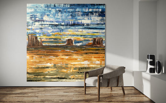 Extra large abstract oil painting of Monument Valley, Arizona. Original impasto style oil painting on gallery canvas with 1-1/4” depth.
