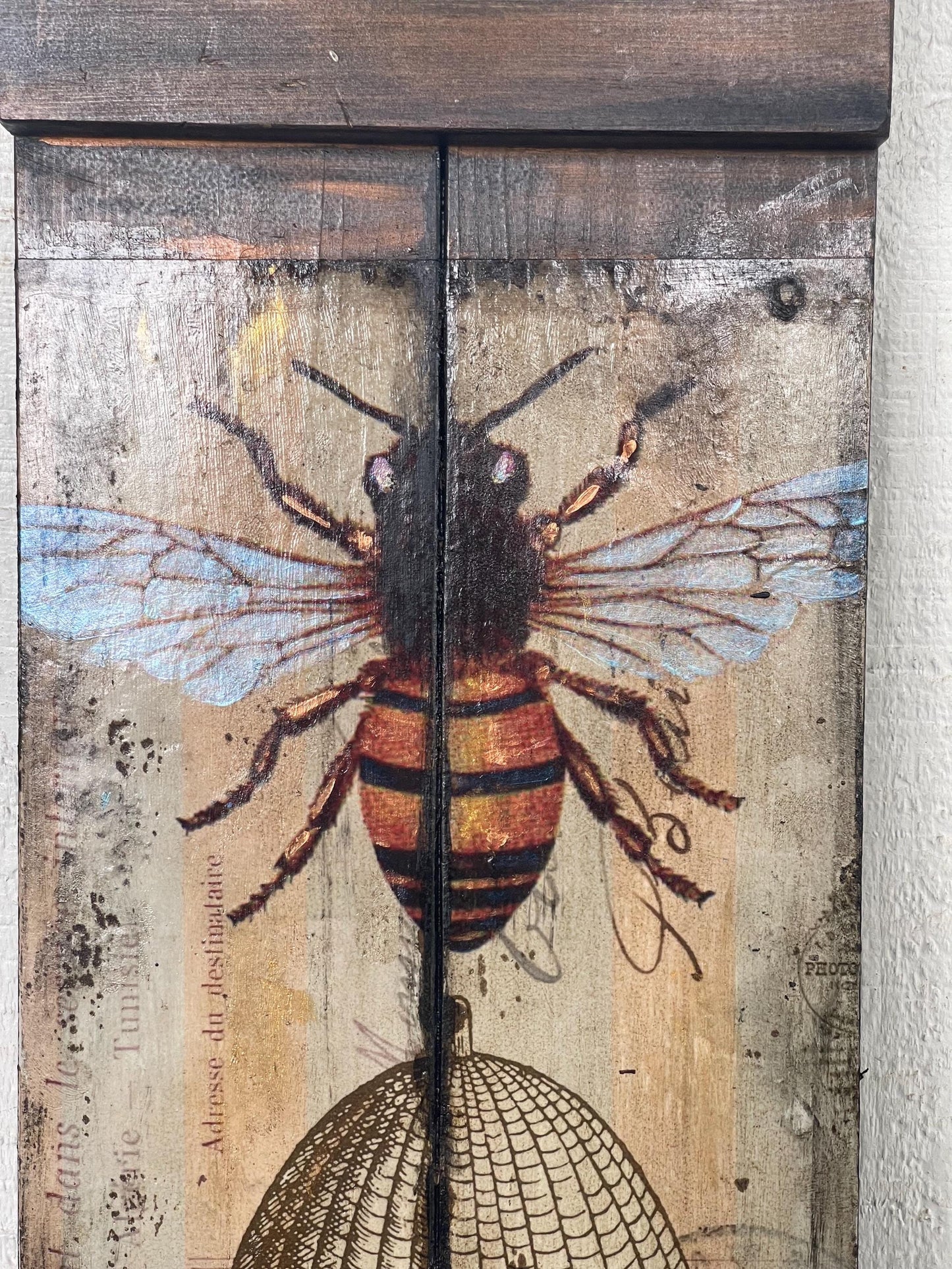 Rustic Honeybee Wall Art | Reclaimed Wood Mixed Media | Handmade Bee Gift | Decoupage & Acrylic Painting | Eco Decor
