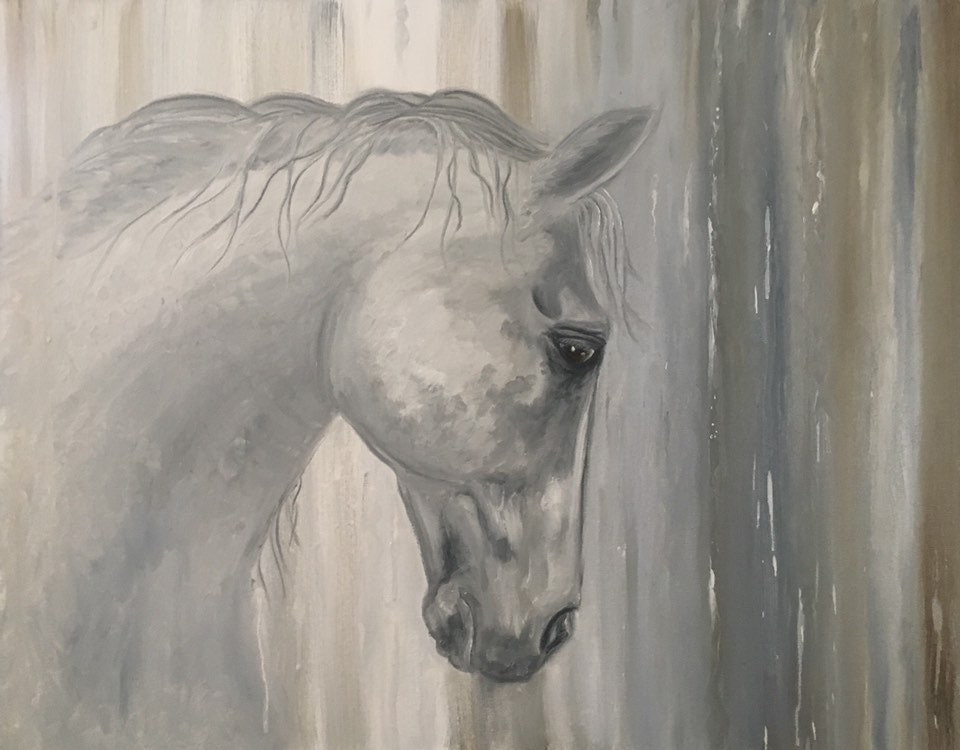 White horse oil painting on canvas with brown and grey abstract background