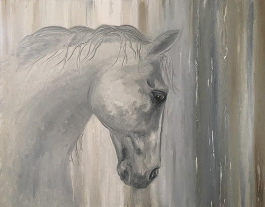 White horse oil painting on canvas with brown and grey abstract background
