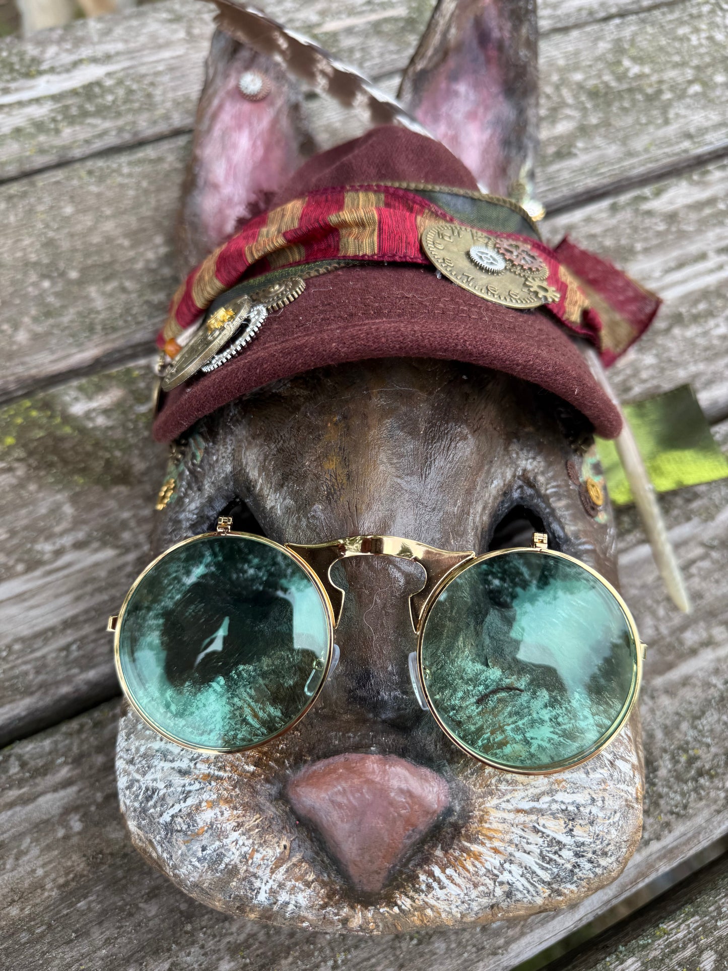 Steampunk Bunny Mask – Handmade Paper Mâché Fine Art Wall Sculpture | Cosplay Costume | Wearable Rabbit Sculpture with Removable Flip Up Glasses & Gear