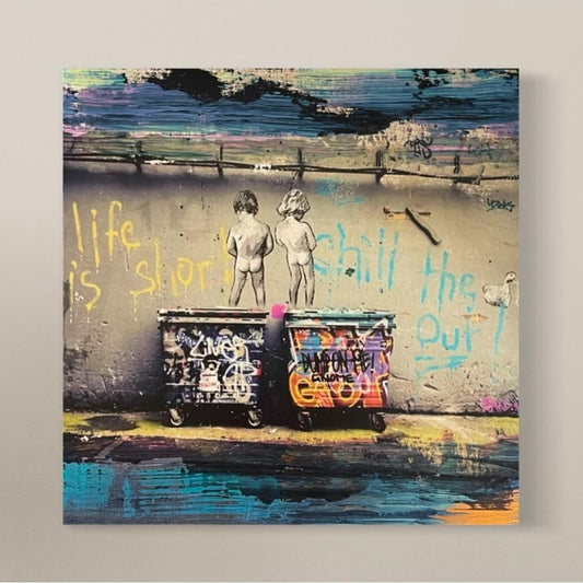 BANKSY image, ink Transfer with acrylic hand painted acrylic accents on Wood Panel. One of a kind, each transfer has subtle differences.