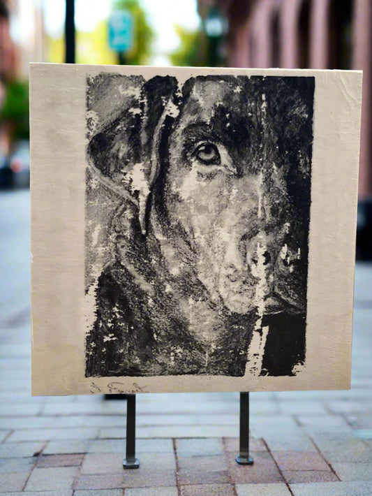 Artistic depiction of a dog's face on a textured surface