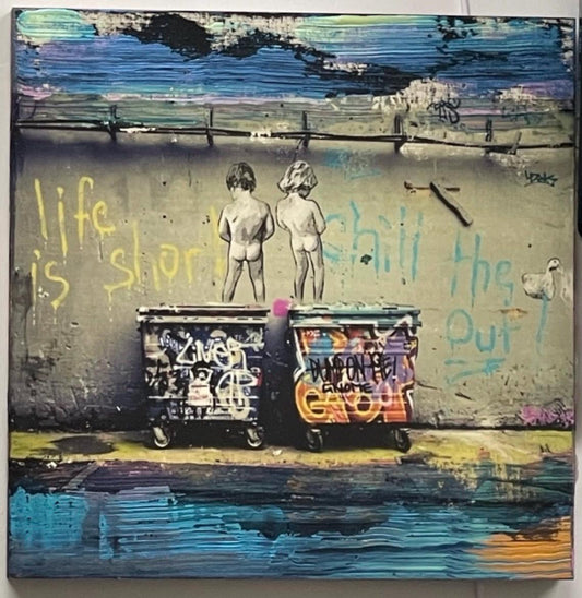 BANKSY image, ink Transfer with acrylic hand painted acrylic accents on Wood Panel. One of a kind, each transfer has subtle differences.