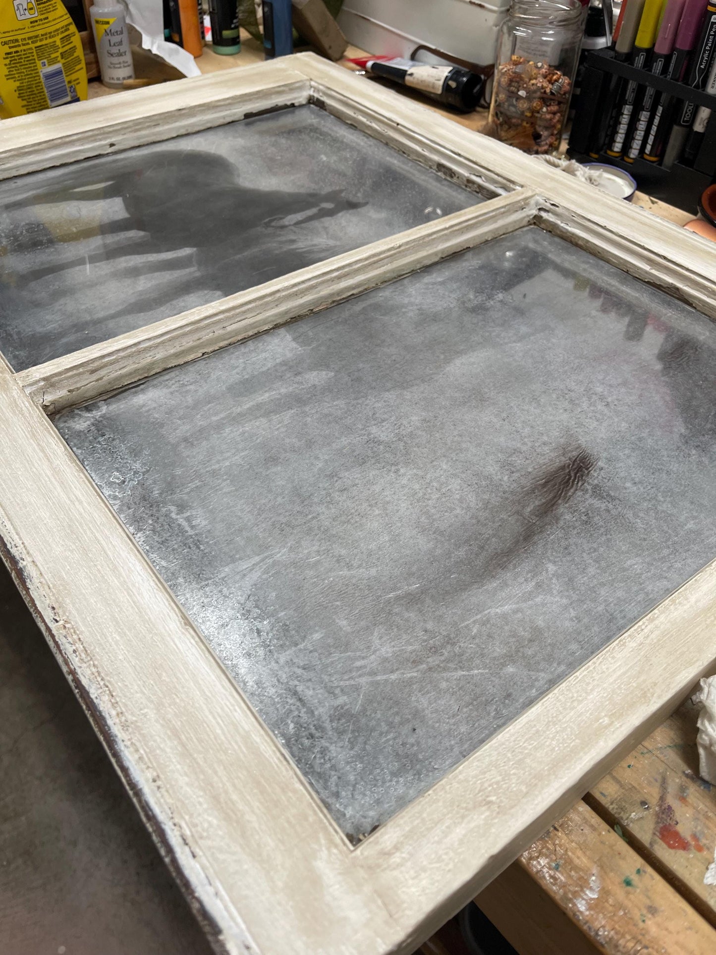 Antique Glass Wood Window Wall Art with Vintage Mirror Effects Vintage Window Panel Repurposed / Recycled Art Displaying Four Horses in Mist