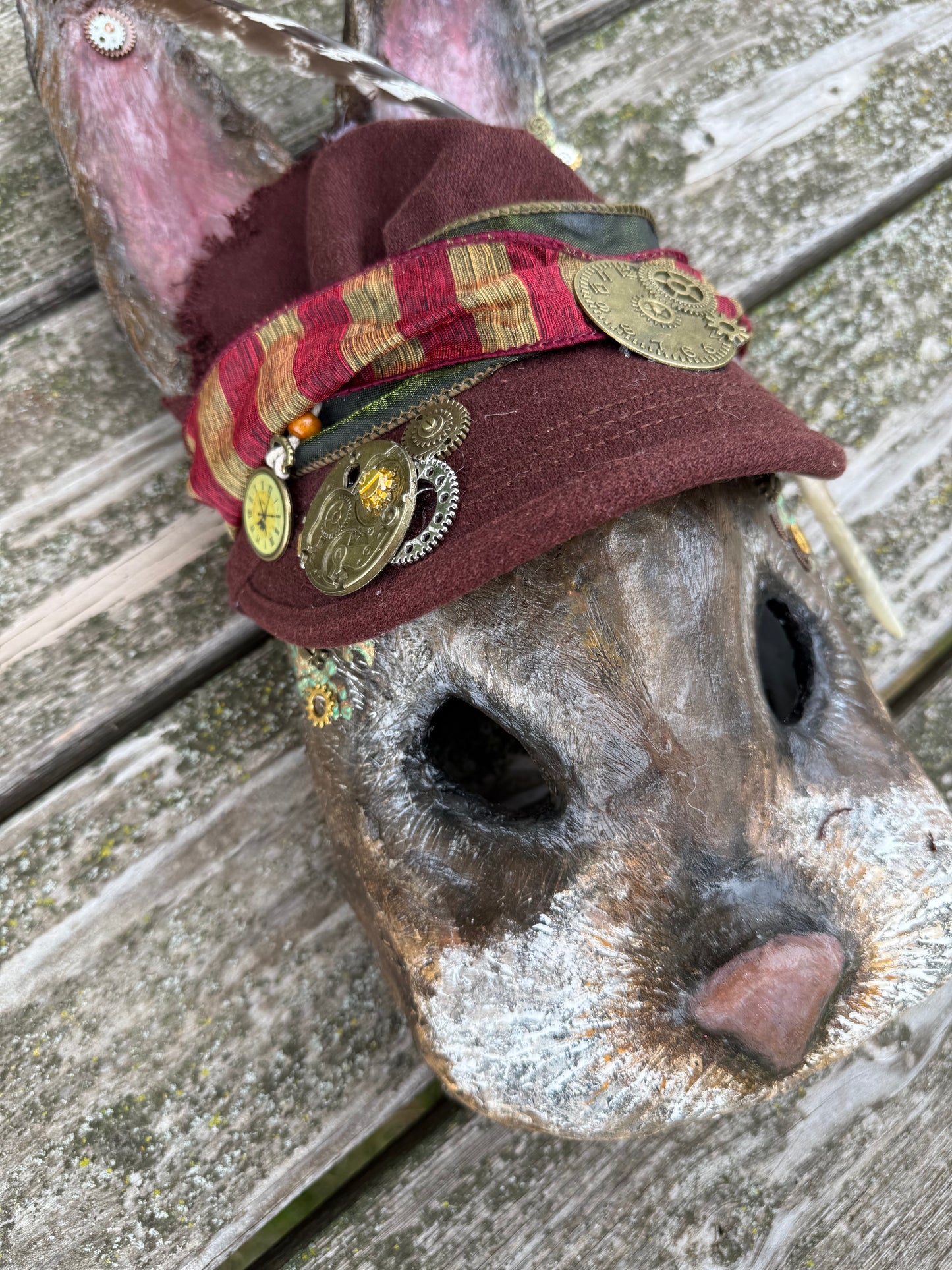 Steampunk Bunny Mask – Handmade Paper Mâché Fine Art Wall Sculpture | Cosplay Costume | Wearable Rabbit Sculpture with Removable Flip Up Glasses & Gear