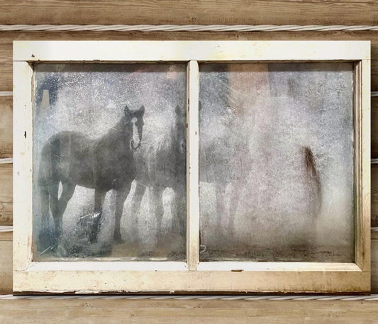 Antique Glass Wood Window Wall Art with Vintage Mirror Effects Vintage Window Panel Repurposed / Recycled Art Displaying Four Horses in Mist