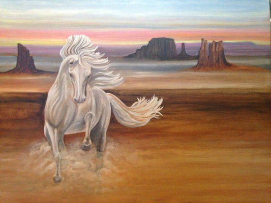 "White Spirit Horse" - Wild horse traveling through Monument Valley – Original Oil on Canvas