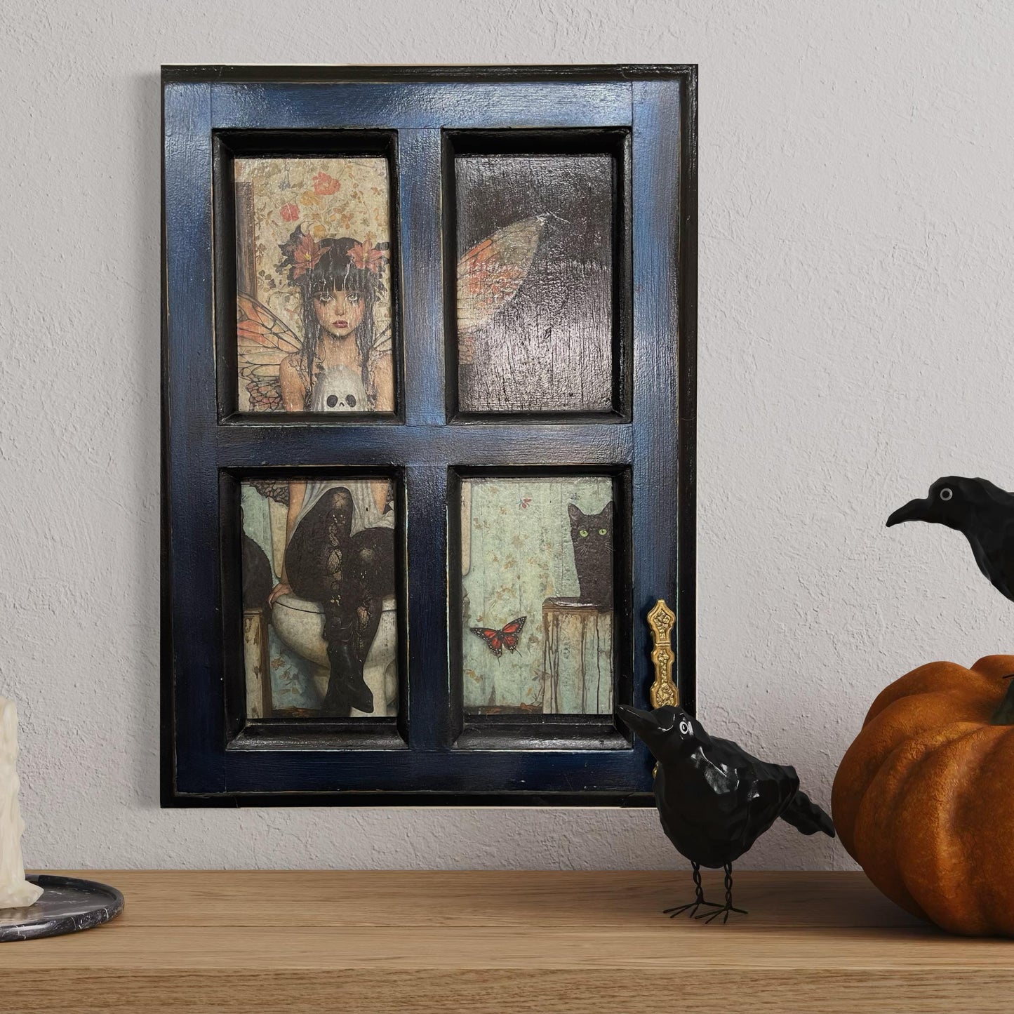 Fairy Goth Girl with Black Cat and Ghost, whimsical decoupage on decoratively painted Antique Cabinet Door, Mixed Media Wall Hanging