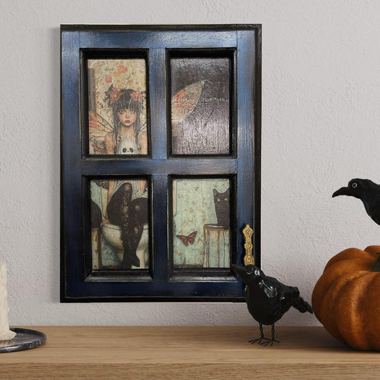 Fairy Goth Girl with Black Cat and Ghost, whimsical decoupage on decoratively painted Antique Cabinet Door, Mixed Media Wall Hanging