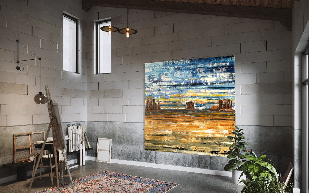 Extra large abstract oil painting of Monument Valley, Arizona. Original impasto style oil painting on gallery canvas with 1-1/4” depth.