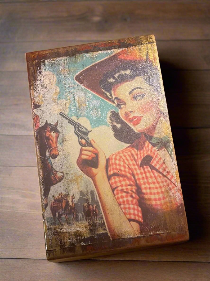 Vintage Cowgirl Jewelry Box – Hand-Painted & Upcycled | Red Velvet Interior | Art by Leanne