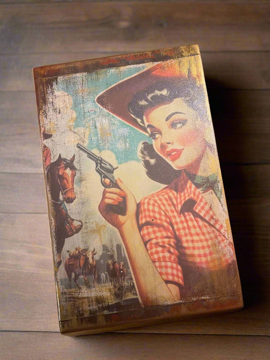 Vintage Cowgirl Jewelry Box – Hand-Painted & Upcycled | Red Velvet Interior | Art by Leanne