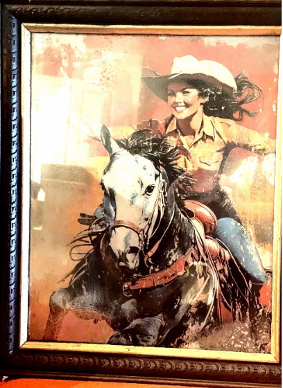 Cowgirl & Horse Mixed Media Art on Glass | Mirror Accents | Eco-Friendly Art in Vintage Frame | Western Rustic Wall Decor