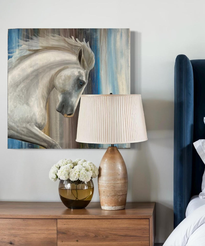 White Horse Art Print, Abstract Equestrian Wall Art, Blue and Beige Horse Painting Print, Modern Western Decor, Horse Lover Gift, Running Ho