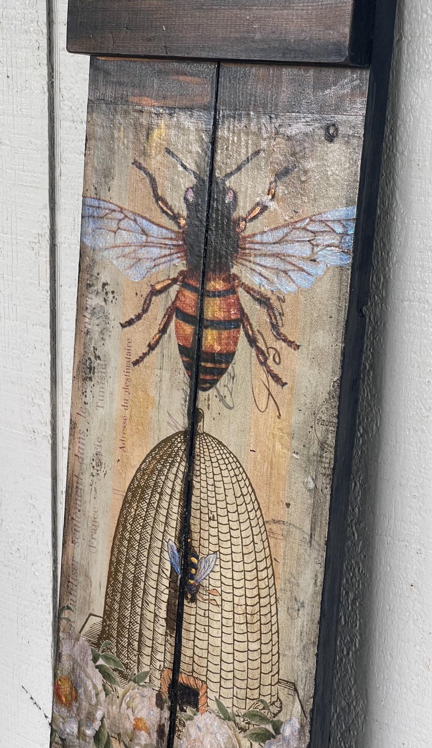 Rustic Honeybee Wall Art | Reclaimed Wood Mixed Media | Handmade Bee Gift | Decoupage & Acrylic Painting | Eco Decor