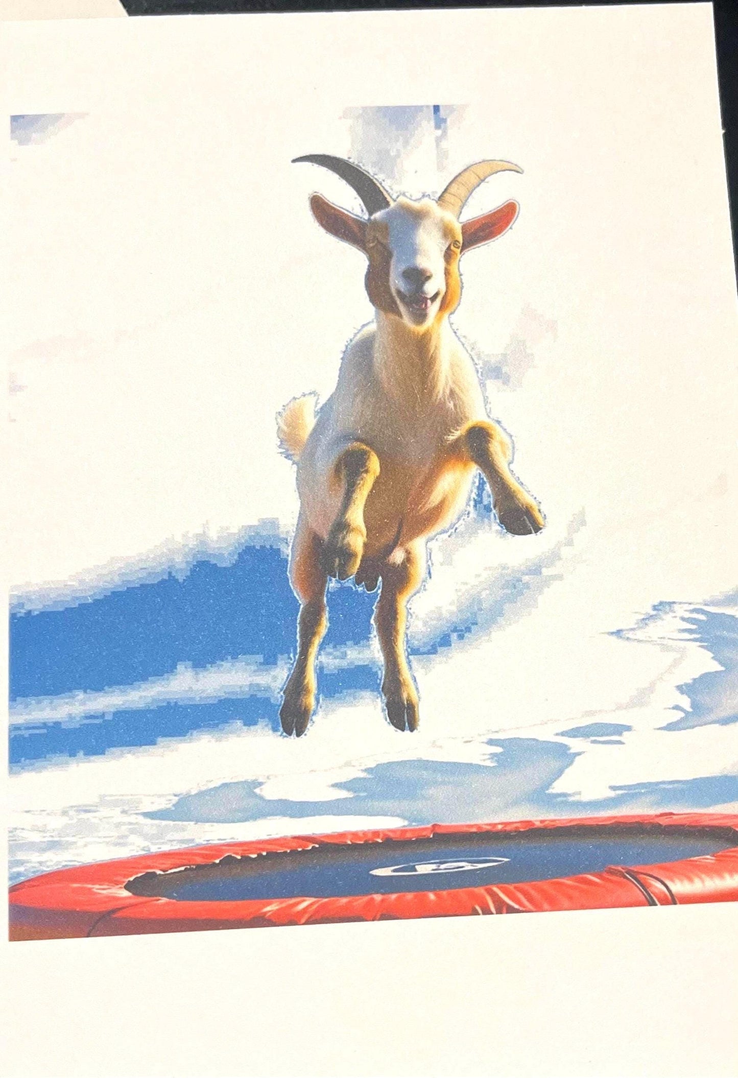 Goat jumping on a trampoline with a blue sky background