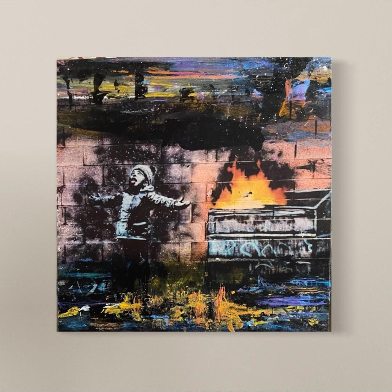 Abstract art piece with a central figure on a textured background