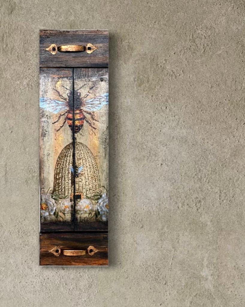 Rustic Honeybee Wall Art | Reclaimed Wood Mixed Media | Handmade Bee Gift | Decoupage & Acrylic Painting | Eco Decor