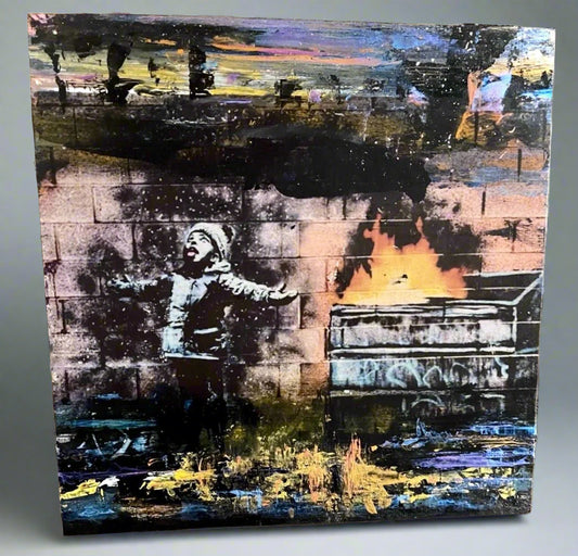 Abstract art piece with a person and fire on a textured background